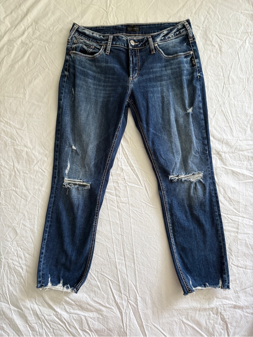Silver Jeans Distressed Dark Blue Cropped Boyfriend Jeans
